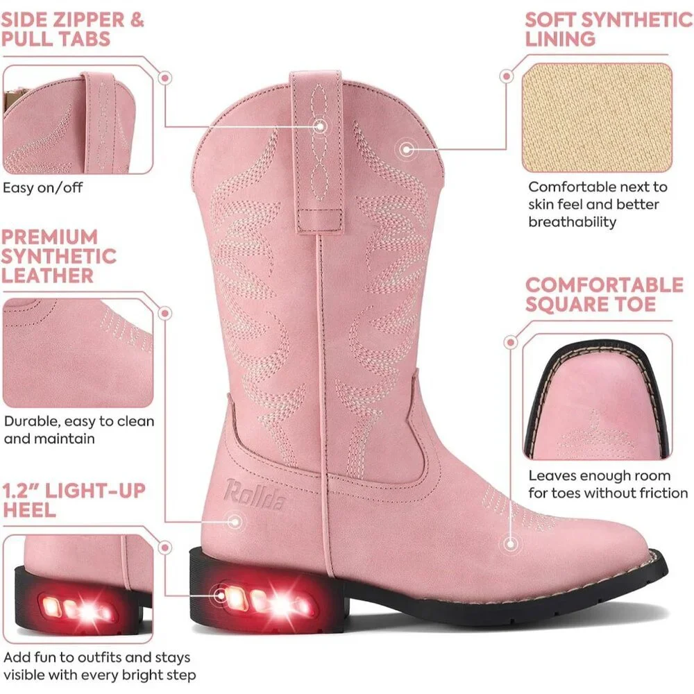 ⚡Girls Pink Cowgirl Boots Light Up Kids Western Boots for Toddler Calf High